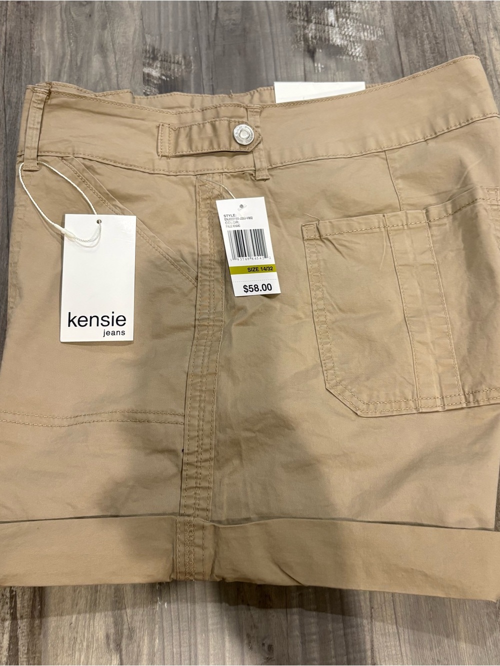 Kensie Jeans “The Short” Khaki Cotton 2 Button Shorts Optional Cuff NWT